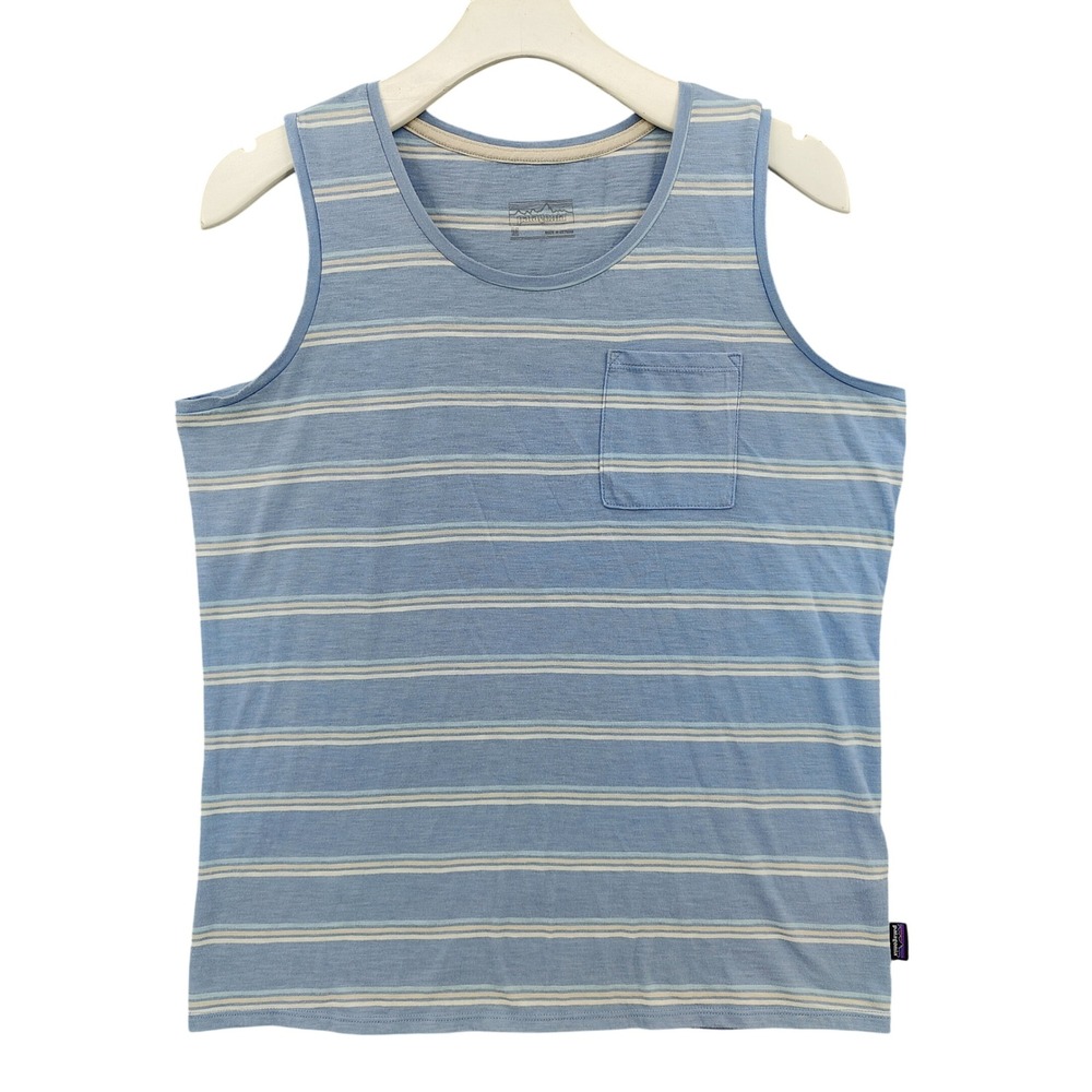 Patagonia Mens Gorpcore Coastal Organic Cotton Tank Top M Blue Striped Pocket